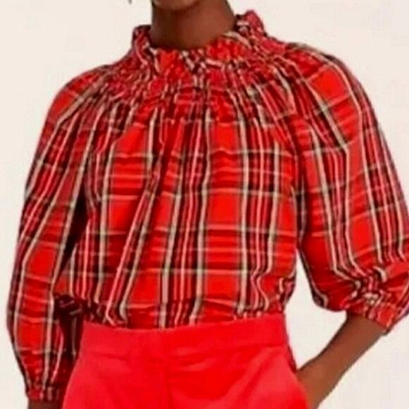 J CREW Ruffleneck Red Tartan Plaid Cotton Blouse Sz XSMALL NWT - Picture 1 of 11